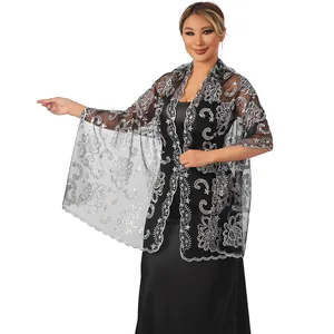 Elegant floral sequin embroidered mesh shawl wrap for bridal evening party dress