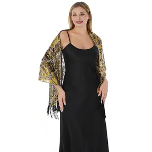 Elegant gold sequin sunflower shawl with tassels for evening wear