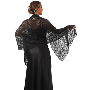 Back view of elegant black lace shawl with rhinestones for evening gowns and party dresses