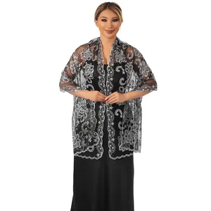 Detailed view of elegant lotus floral sequin embroidered shawl for bridal evening dresses