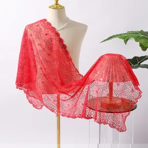 Elegant red sequin embroidered lace shawl with plum blossom floral pattern for party