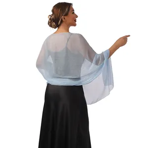 Rear view of a light blue sheer shawl showing delicate texture and elegant drape