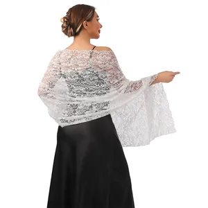 Elegant white floral lace shawl wrap with delicate hollow pattern for evening gowns.