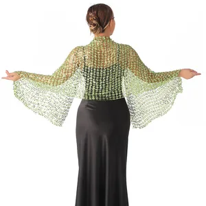 Detailed back view of a light green sequined mesh shawl for evening parties.
