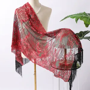Red and black sunflower sequin embroidered shawl with fringe for formal evening wear