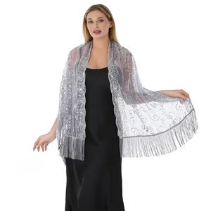 Châle élégant à paillettes gris avec motifs floraux et franges pour robes de soirée chic