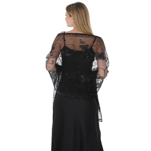 Rückansicht eines schwarzen Netzschals mit Pailletten-Schmetterlingsstickerei für Damen