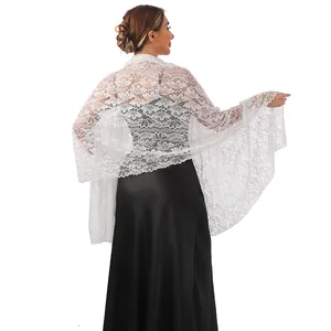 Elegant white lace shawl with floral hollow-out pattern for evening bridal wear.