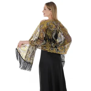 Back view of gold sunflower sequin embroidered shawl with fringe for evening gowns