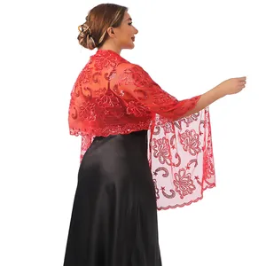 Rear view of red lotus sequin embroidered shawl showing delicate floral patterns