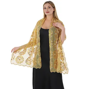 Elegante scialle dorato velato con intricato ricamo floreale di paillettes per abiti da sera