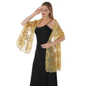 Elegante scialle con paillettes dorate e ricami floreali per abiti da sera da festa