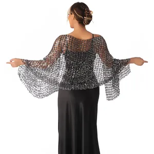 Back view of elegant black sequin shawl wrap for evening party dresses.