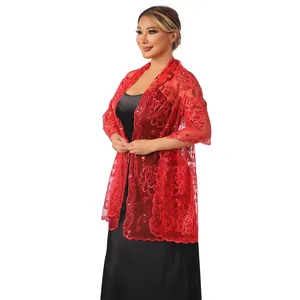 Detail view of elegant red sequin floral embroidery shawl wrap for evening dress