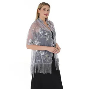 Elegant silver grey sequin floral embroidered shawl with long tassels for evening dresses