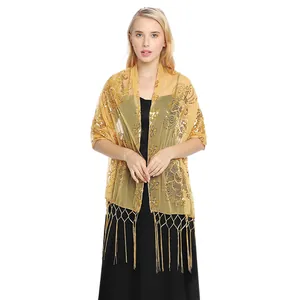 Elegant gold sequined tassel shawl wrap for formal evening party dresses.