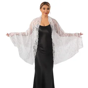 Elegant white floral lace shawl wrap with scalloped edges for bridal or evening party wear