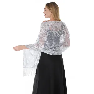 Elegant silver sunflower sequined embroidered shawl wrap for evening party and banquet