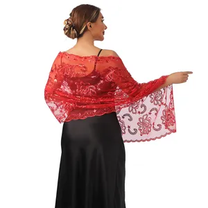 Detailed back view of elegant red sheer shawl with sequin lotus flower embroidery