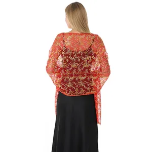 Elegant red wedding shawl with intricate gold phoenix sequin embroidery detail