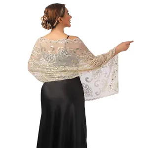 Detailed back view of a champagne sheer shawl with elegant lotus embroidery and sequins
