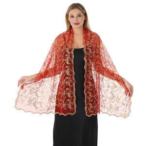 Elegant red lace shawl featuring intricate golden phoenix tail sequin embroidery details