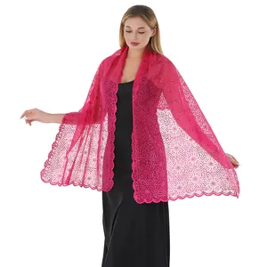 Elegant fuchsia pink lace shawl with sequin plum blossom embroidery for evening wear