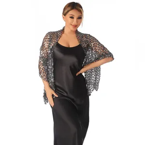 Elegant silver starry sequin mesh shawl wrap for formal evening party and banquet wear