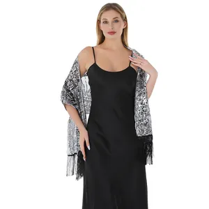 Elegant silver sequin sunflower embroidered shawl with black tassels for evening gowns.