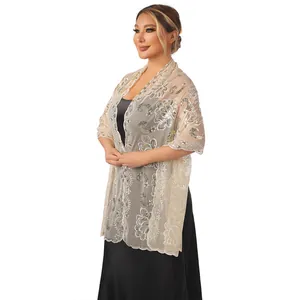 Elegant sheer shawl with sequin floral embroidery, perfect for evening gowns and weddings