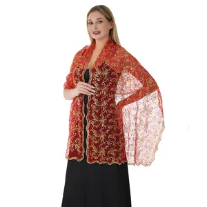 Elegant red sheer shawl with gold sequin phoenix tail embroidery for formal evening gowns