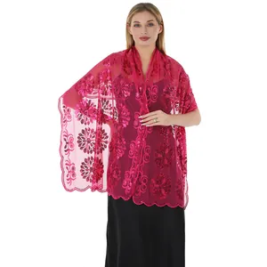 Elegante scialle in pizzo fucsia ricamato con fiori e paillettes per abiti da sera