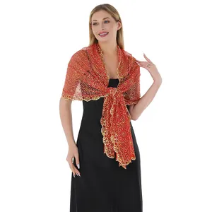 Red ethnic style shawl with gold plum blossom sequins and delicate floral embroidery