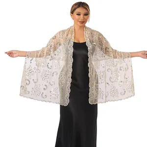 Elegant sequins lotus embroidery wedding shawl wrap close up
