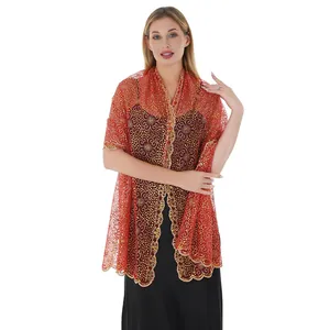 Elegant red ethnic shawl with gold sequin plum blossom embroidery for evening dresses.