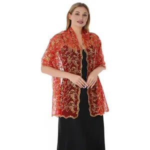 Elegant red shawl with golden phoenix tail sequin embroidery for formal evening wear.