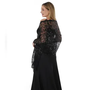Elegant black lace shawl featuring intricate sequins and phoenix tail embroidery