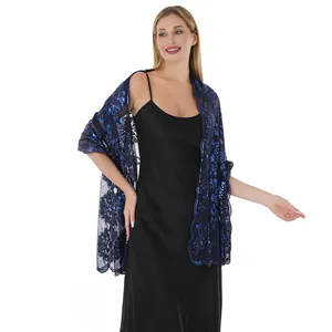 Elegante scialle in pizzo con paillettes blu navy per abiti da sera e da festa