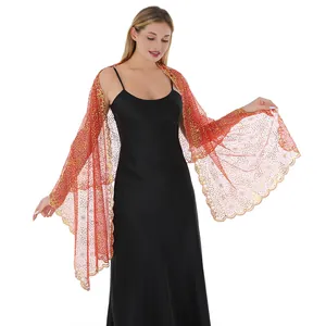 Close-up of red sequined lace shawl with plum blossom embroidery on black dress