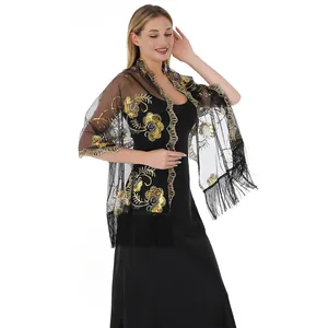 Elegant Sequined Embroidered Shawl With Tassels For Women Evening Party Wedding Bridal Wrap Polyester Mesh Floral Shawl