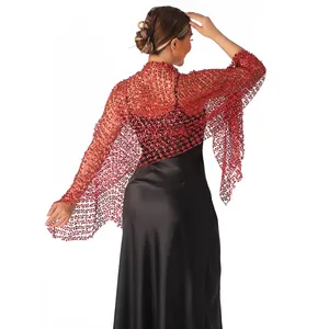 Back view of red starry sequin shawl paired with elegant black satin evening dress