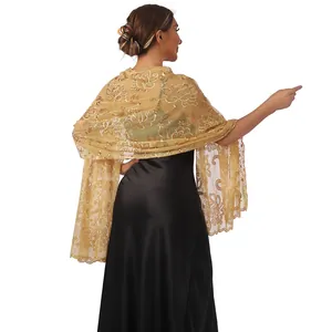 Detailed back view of an elegant gold lotus sequin embroidered evening shawl wrap
