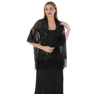 Elegant black lace shawl featuring intricate sequins and fringe detail for evening wear
