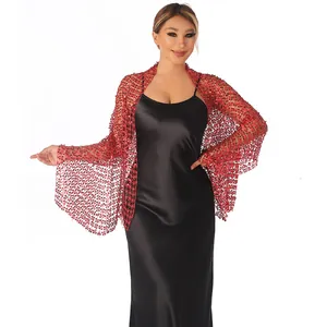 Elegant sparkly red sequined shawl wrap for formal evening gowns and prom party events.