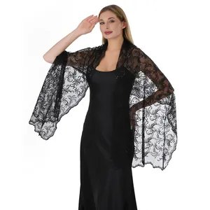 Elegant black lace shawl with sequin embroidery for evening party and bridal wear