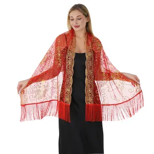 Châle rouge élégant avec paillettes dorées et franges pour les soirées formelles
