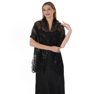 Elegant black lace shawl with sequin embroidery and floral patterns for evening dresses