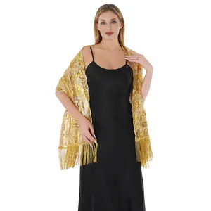 Detailed view of gold sunflower sequin embroidered shawl with elegant fringe tassels