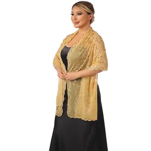 Elegant sheer gold shawl with intricate floral embroidery and shimmering sequins
