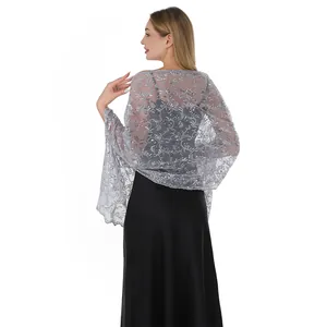 Elegant gray sequin embroidered lace shawl wrap for evening party and bridal wear